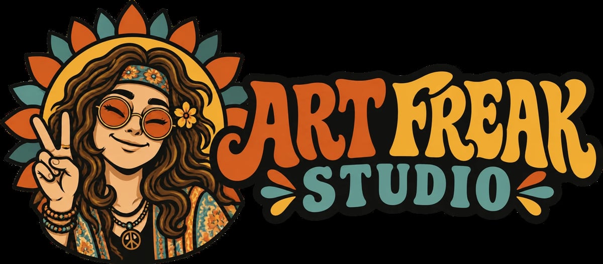 Art Freak Studio logo — a cartoon woman with curly hair, glasses, and a peace sign, surrounded by sunflower petals
